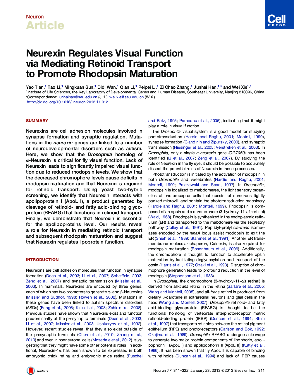 Neurexin Regulates Visual Function via Mediating Retinoid Transport to Promote Rhodopsin Maturation