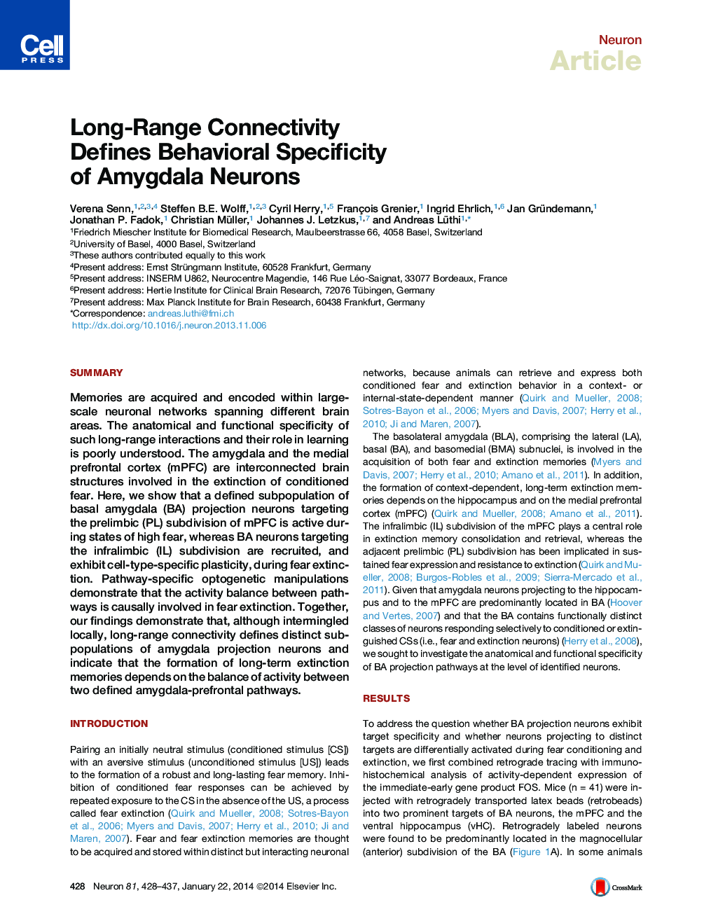 Long-Range Connectivity Defines Behavioral Specificity of Amygdala Neurons