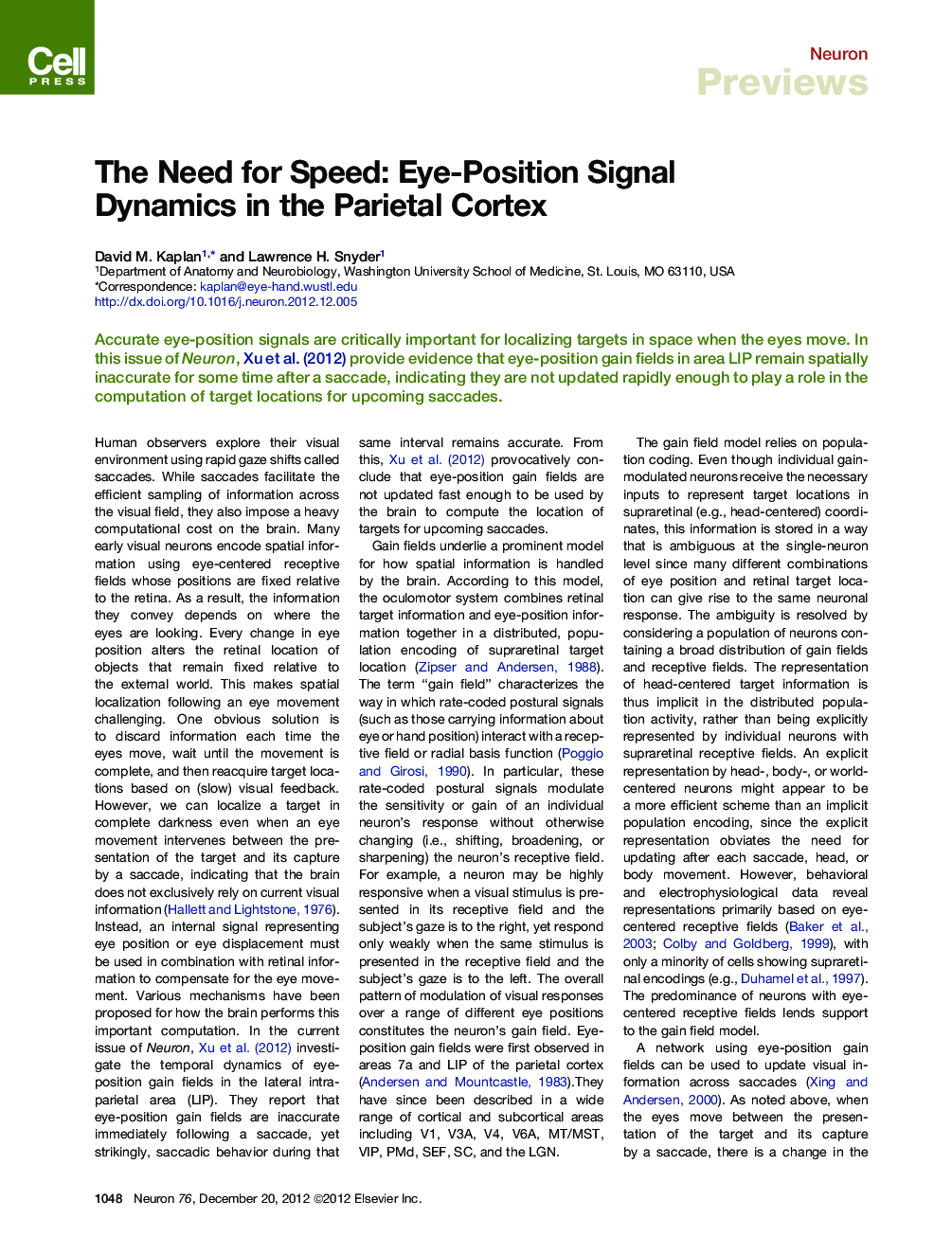 The Need for Speed: Eye-Position Signal Dynamics in the Parietal Cortex