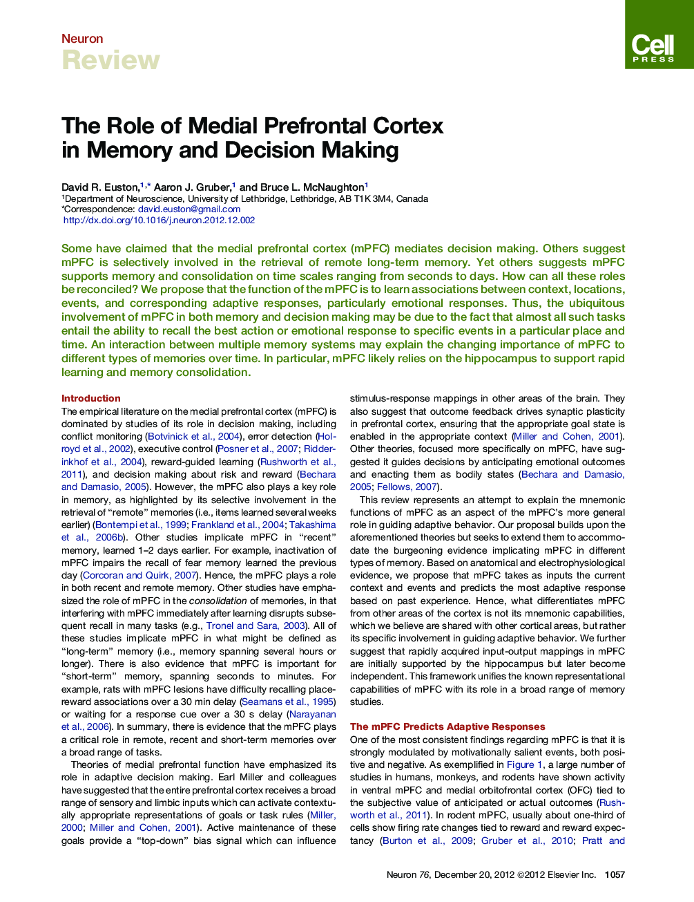 The Role of Medial Prefrontal Cortex in Memory and Decision Making