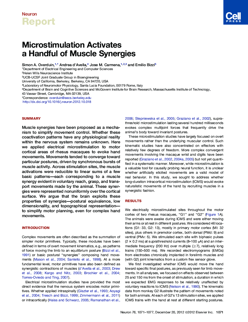 Microstimulation Activates a Handful of Muscle Synergies