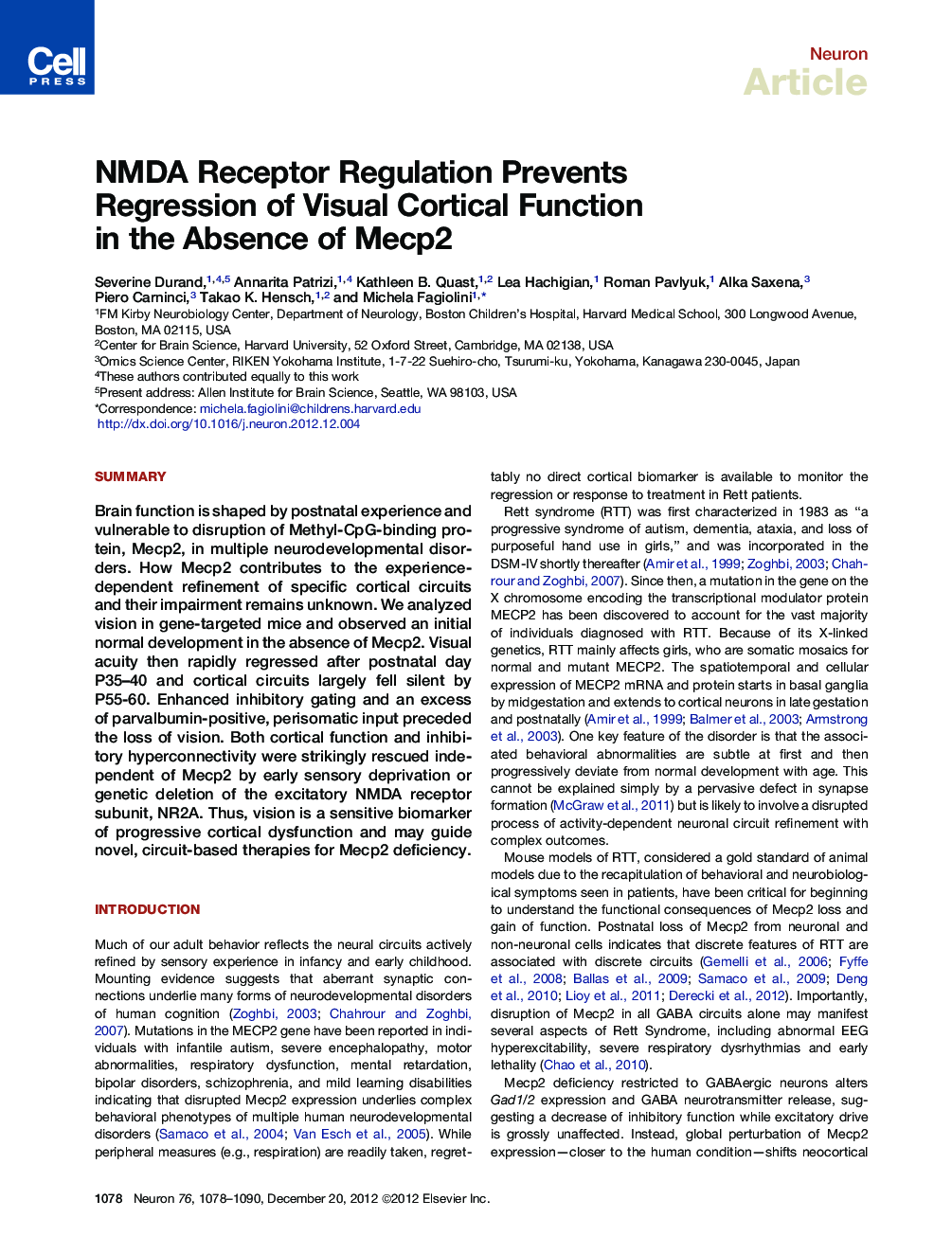 NMDA Receptor Regulation Prevents Regression of Visual Cortical Function in the Absence of Mecp2