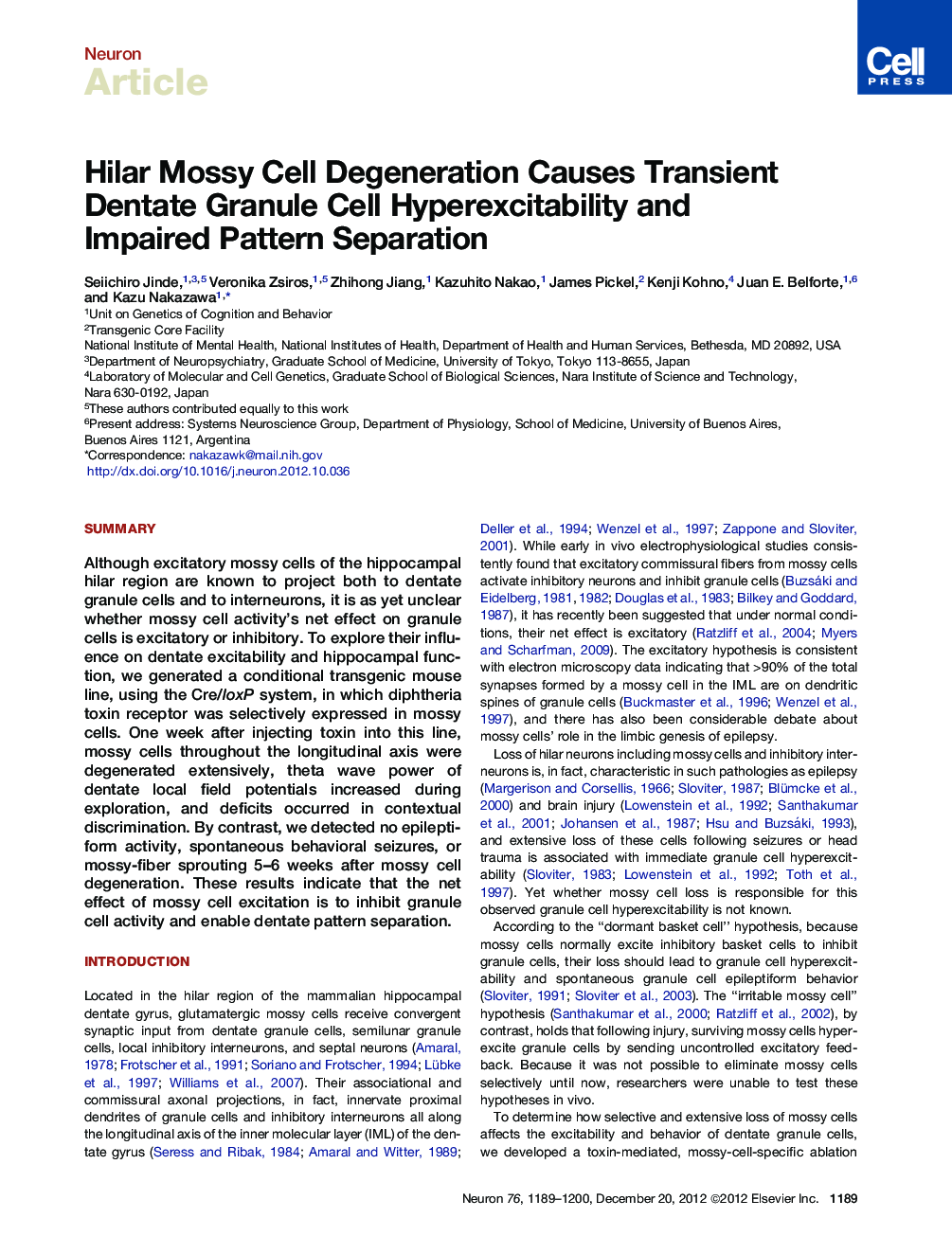 Hilar Mossy Cell Degeneration Causes Transient Dentate Granule Cell Hyperexcitability and Impaired Pattern Separation