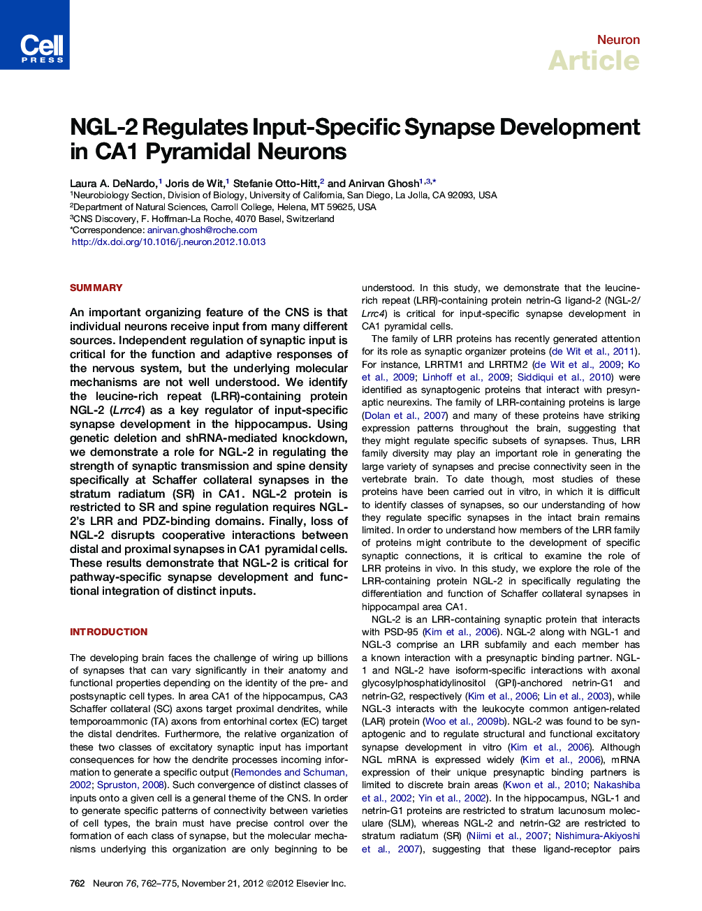 NGL-2 Regulates Input-Specific Synapse Development in CA1 Pyramidal Neurons