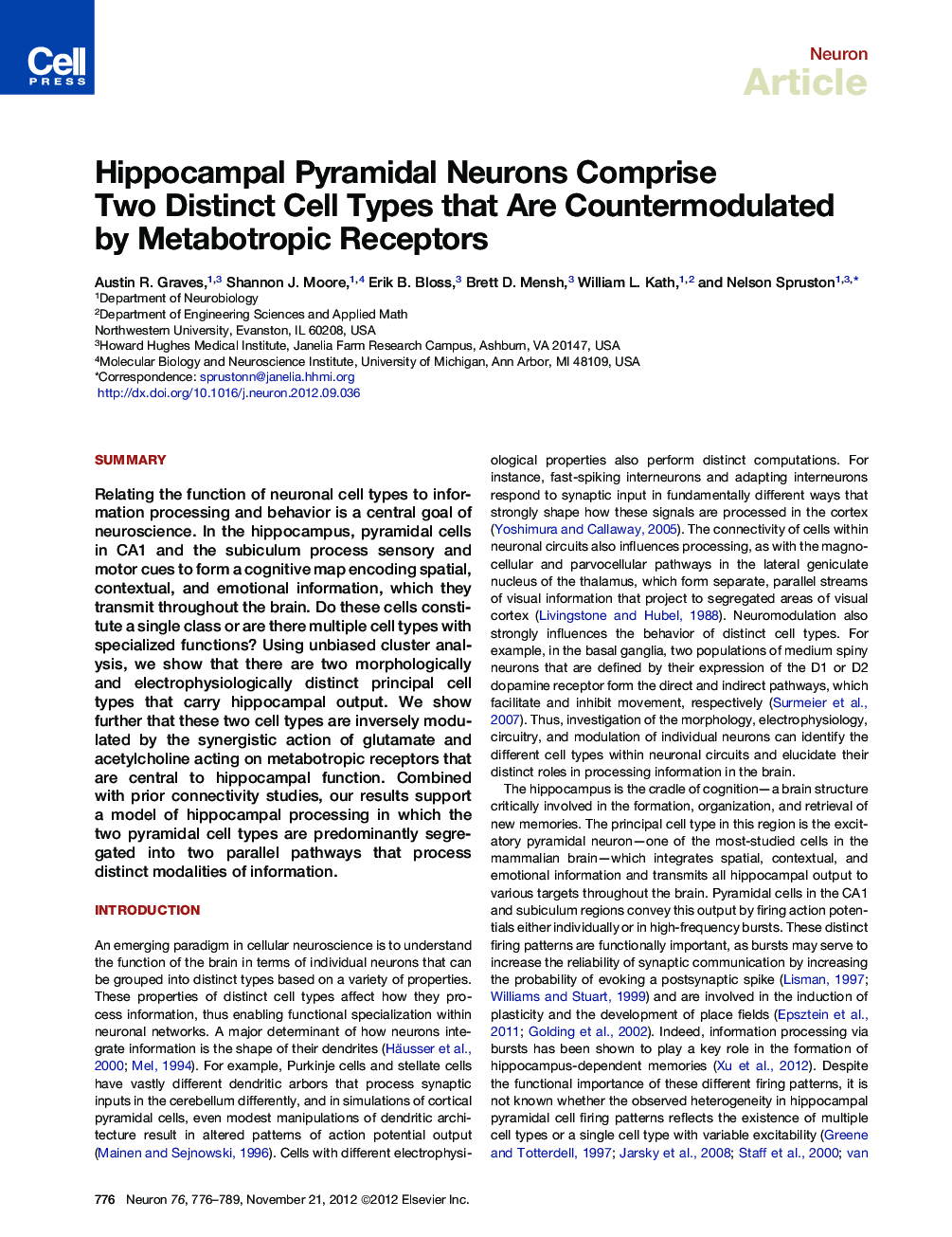 Hippocampal Pyramidal Neurons Comprise Two Distinct Cell Types that Are Countermodulated by Metabotropic Receptors