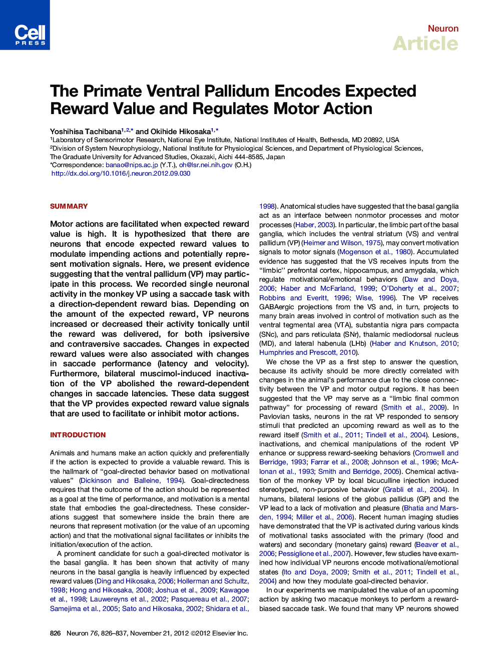 The Primate Ventral Pallidum Encodes Expected Reward Value and Regulates Motor Action