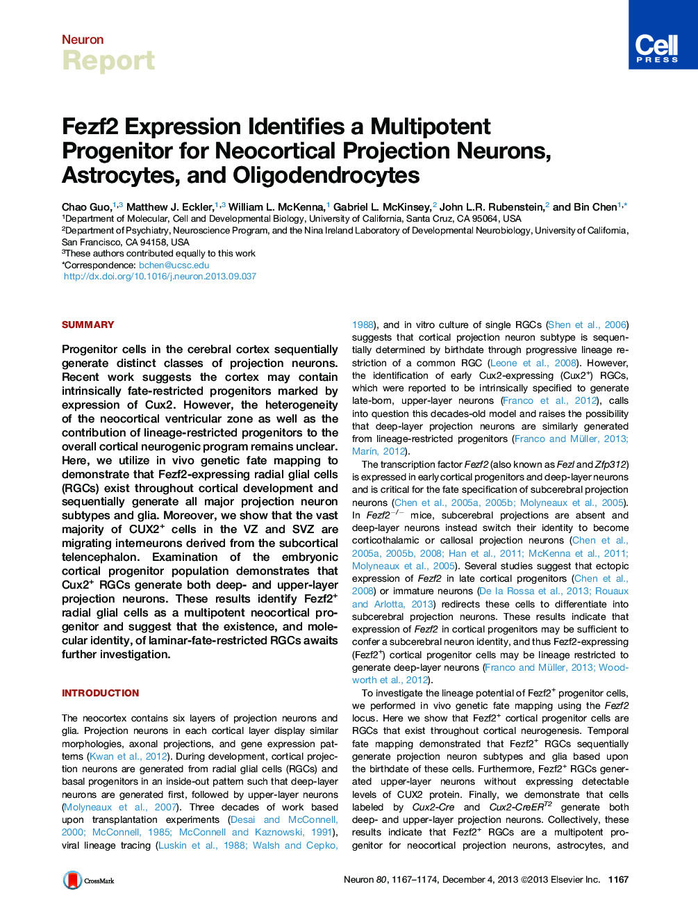 Fezf2 Expression Identifies a Multipotent Progenitor for Neocortical Projection Neurons, Astrocytes, and Oligodendrocytes