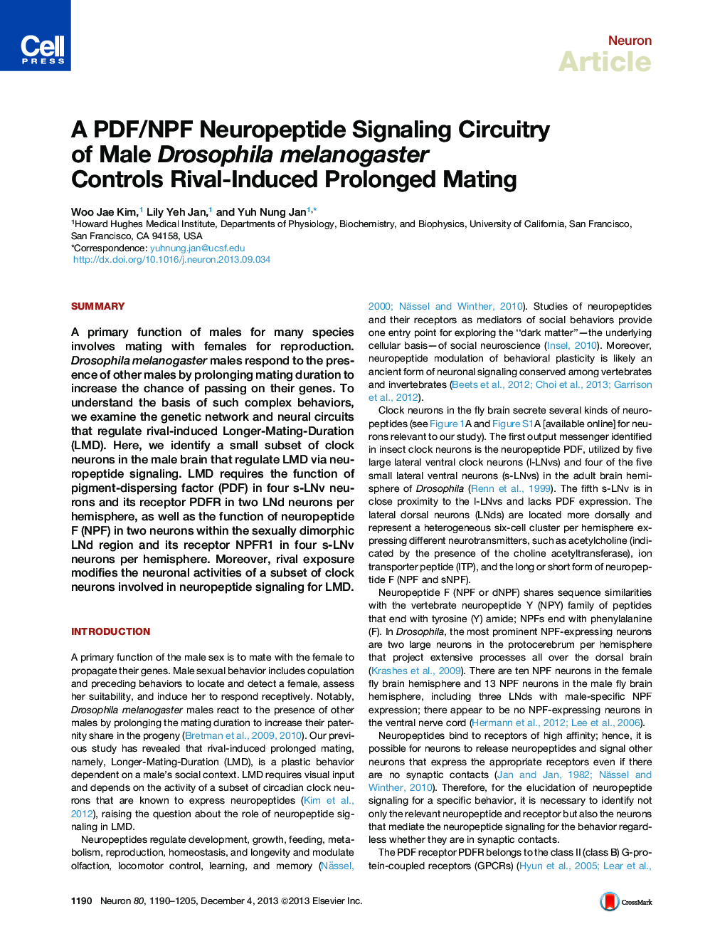 A PDF/NPF Neuropeptide Signaling Circuitry of Male Drosophila melanogaster Controls Rival-Induced Prolonged Mating