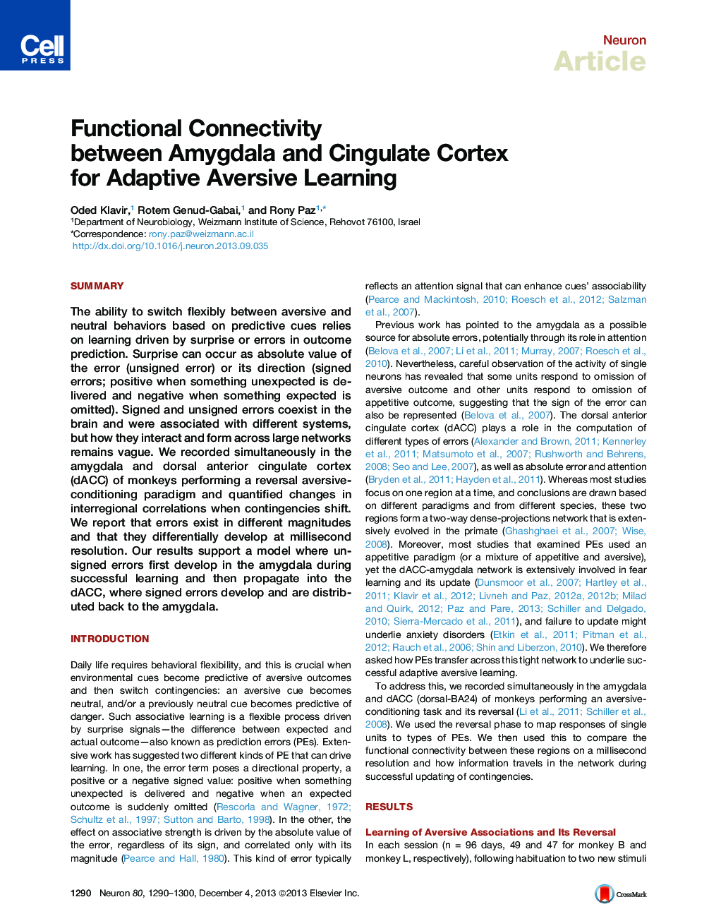 Functional Connectivity between Amygdala and Cingulate Cortex for Adaptive Aversive Learning