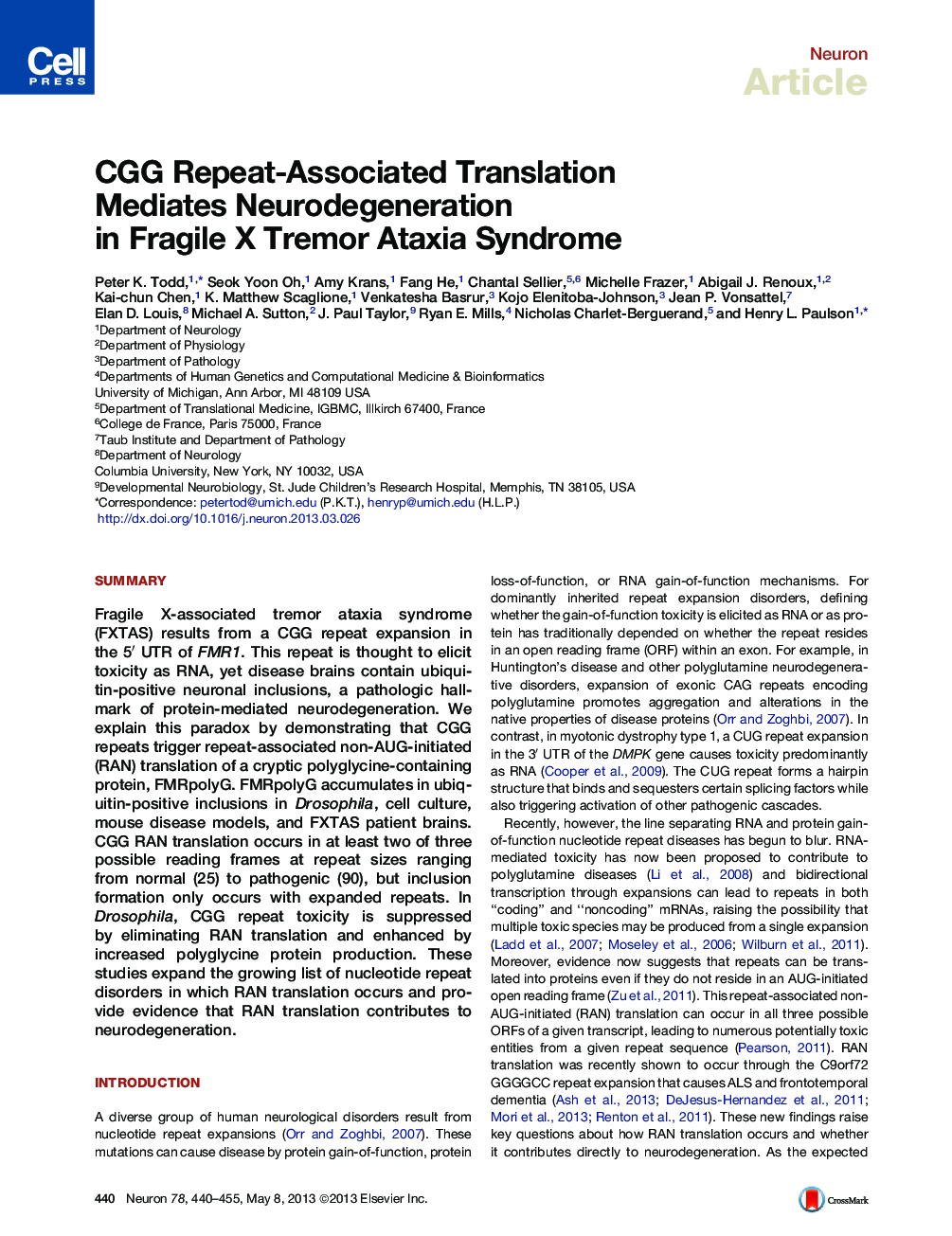CGG Repeat-Associated Translation Mediates Neurodegeneration in Fragile X Tremor Ataxia Syndrome