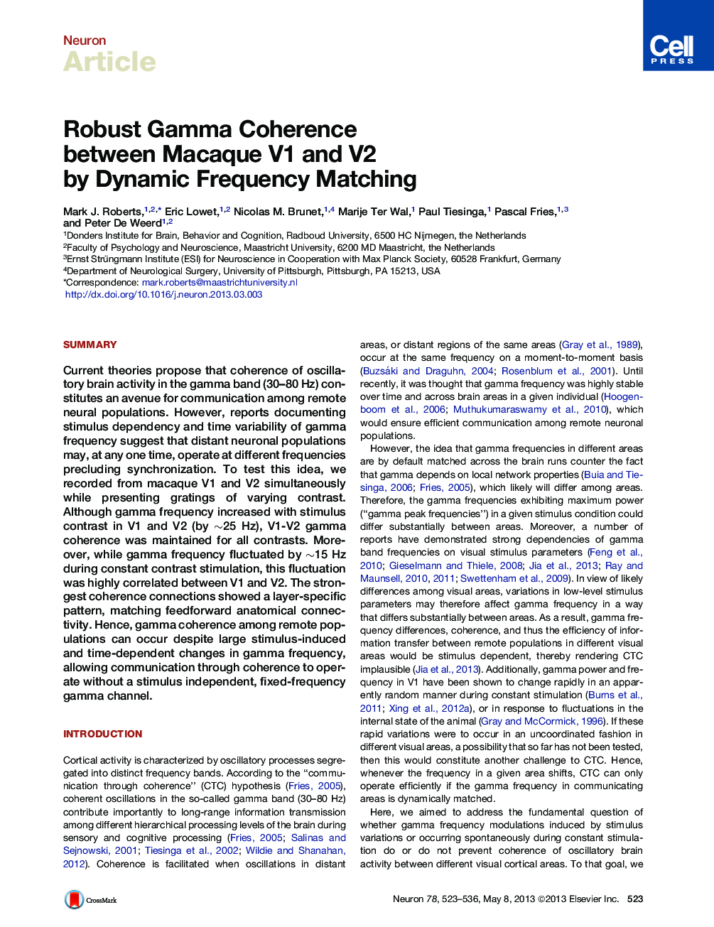 Robust Gamma Coherence between Macaque V1 and V2 by Dynamic Frequency Matching