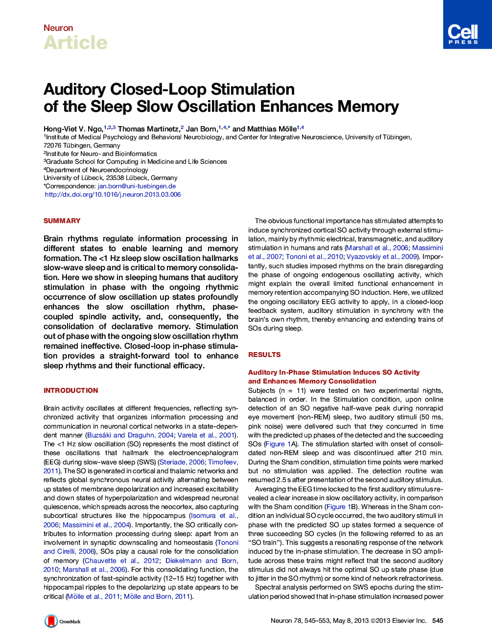 Auditory Closed-Loop Stimulation of the Sleep Slow Oscillation Enhances Memory