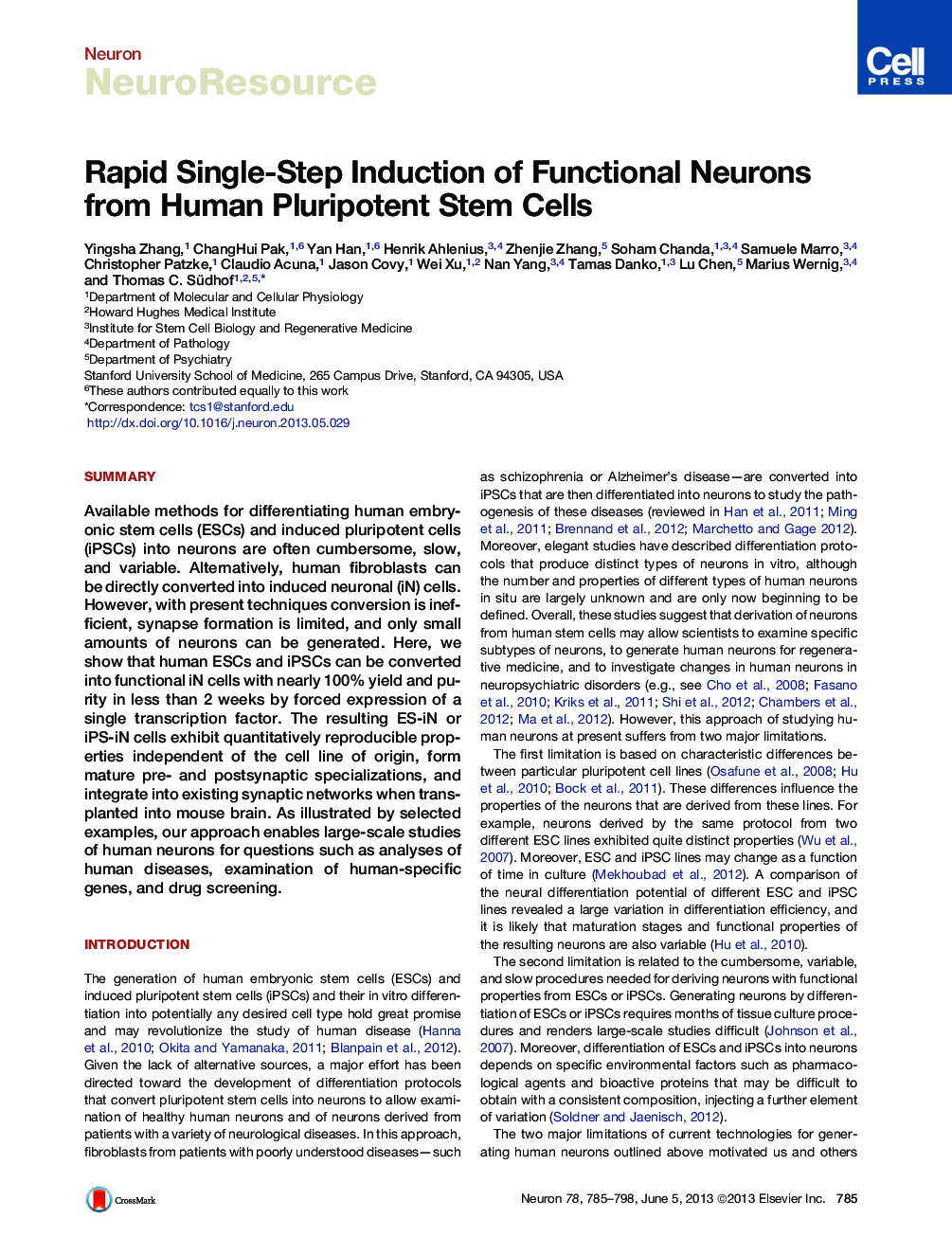 Rapid Single-Step Induction of Functional Neurons from Human Pluripotent Stem Cells