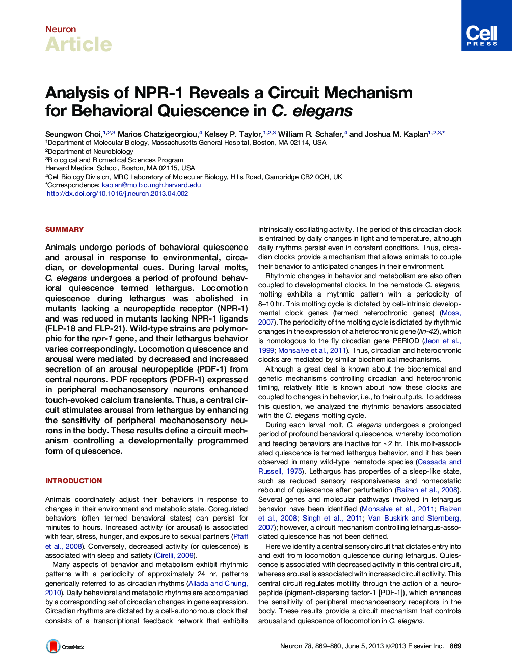 Analysis of NPR-1 Reveals a Circuit Mechanism for Behavioral Quiescence in C. elegans