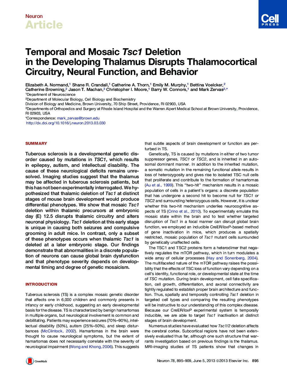 Temporal and Mosaic Tsc1 Deletion in the Developing Thalamus Disrupts Thalamocortical Circuitry, Neural Function, and Behavior