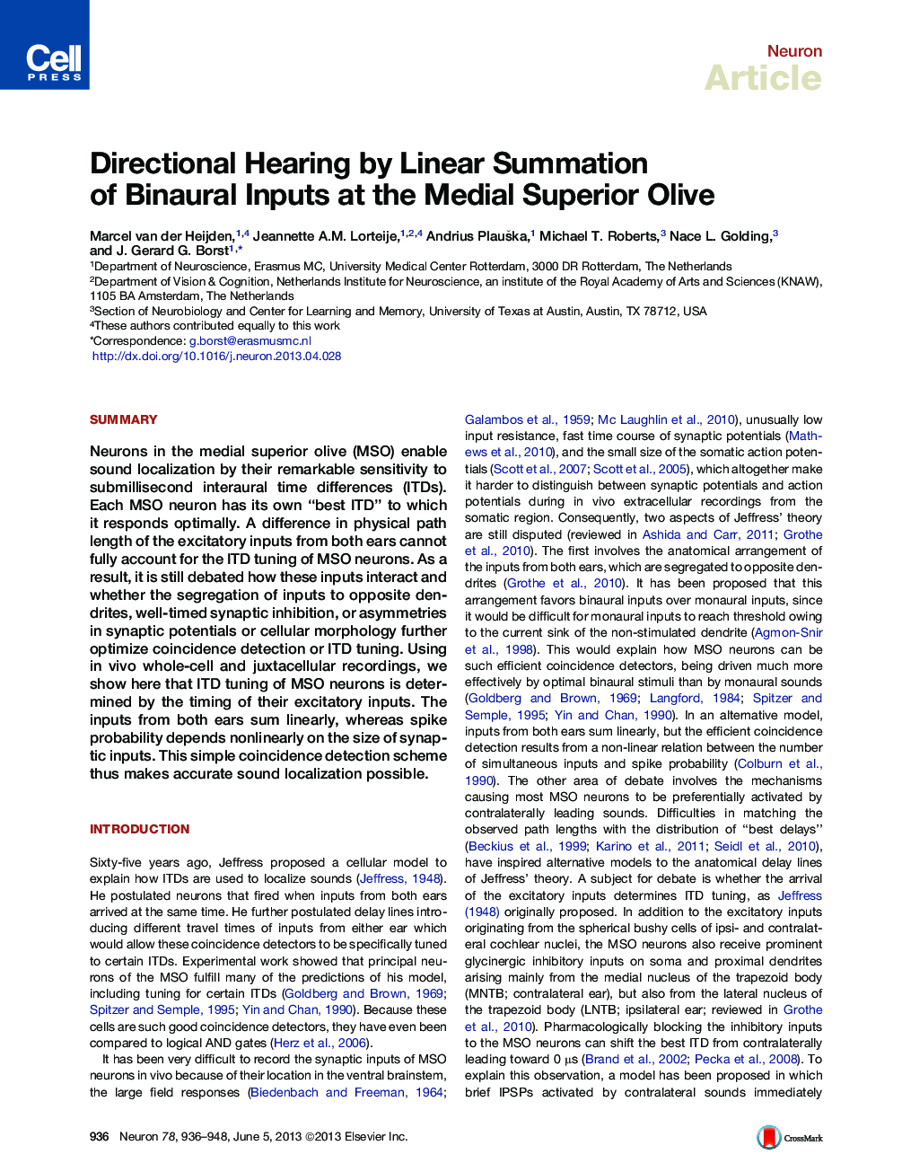 Directional Hearing by Linear Summation of Binaural Inputs at the Medial Superior Olive