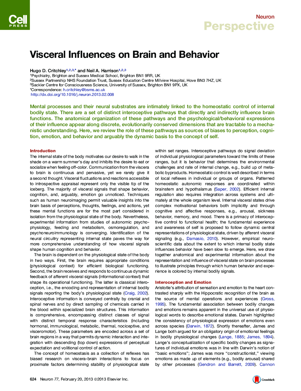 Visceral Influences on Brain and Behavior