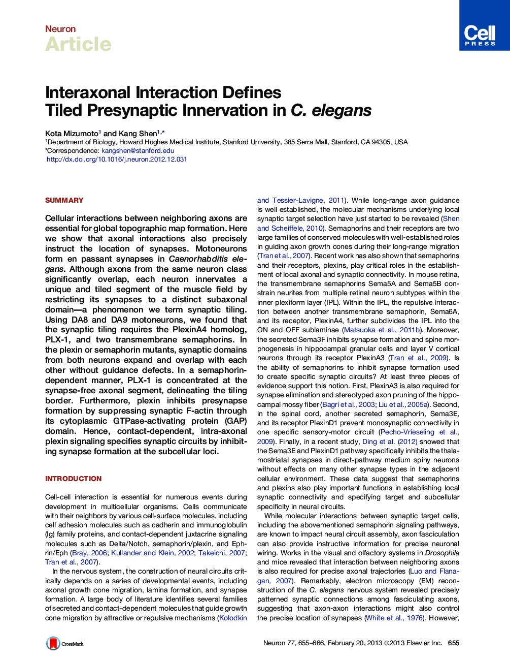 Interaxonal Interaction Defines Tiled Presynaptic Innervation in C. elegans