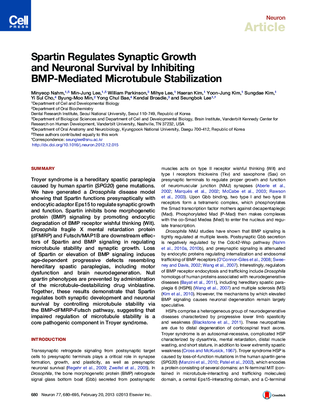 Spartin Regulates Synaptic Growth and Neuronal Survival by Inhibiting BMP-Mediated Microtubule Stabilization