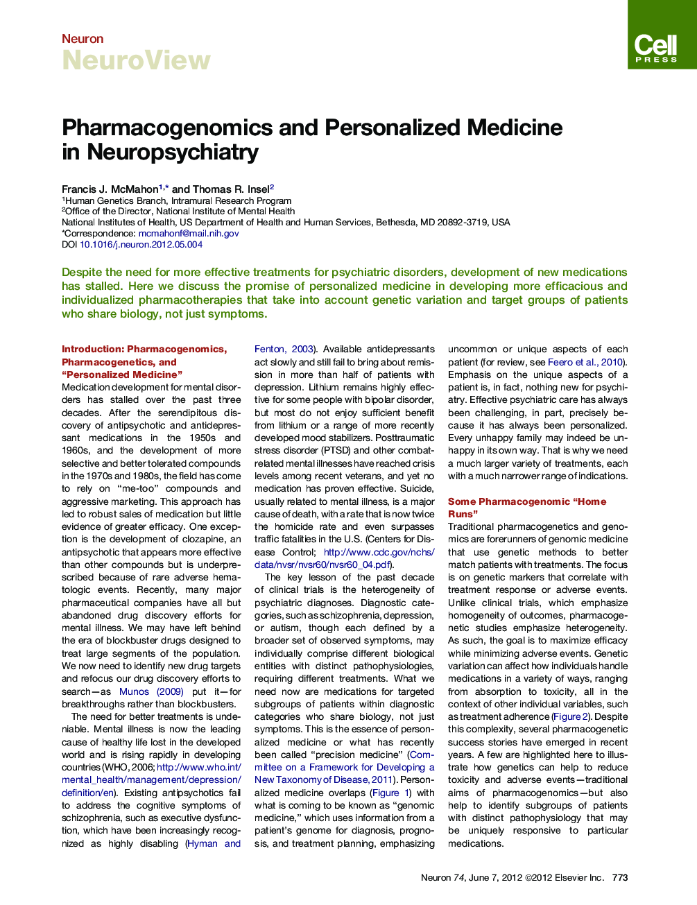 Pharmacogenomics and Personalized Medicine in Neuropsychiatry