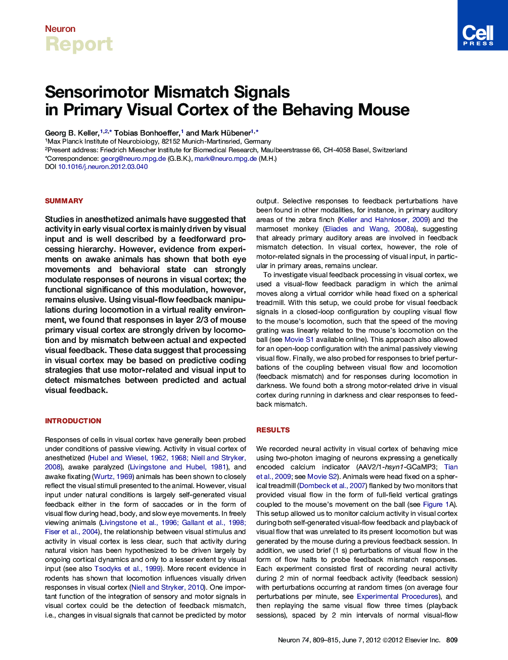 Sensorimotor Mismatch Signals in Primary Visual Cortex of the Behaving Mouse