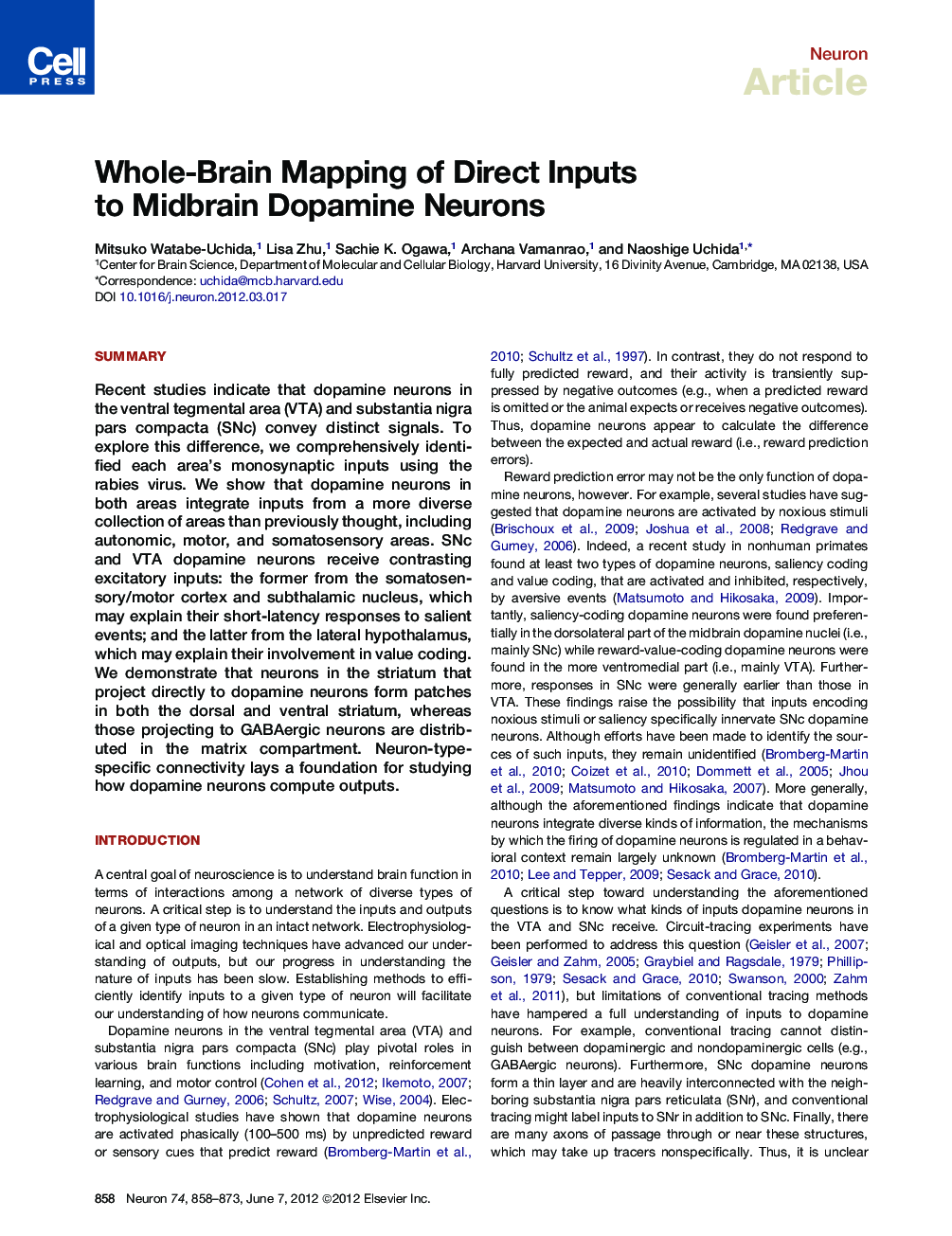 Whole-Brain Mapping of Direct Inputs to Midbrain Dopamine Neurons