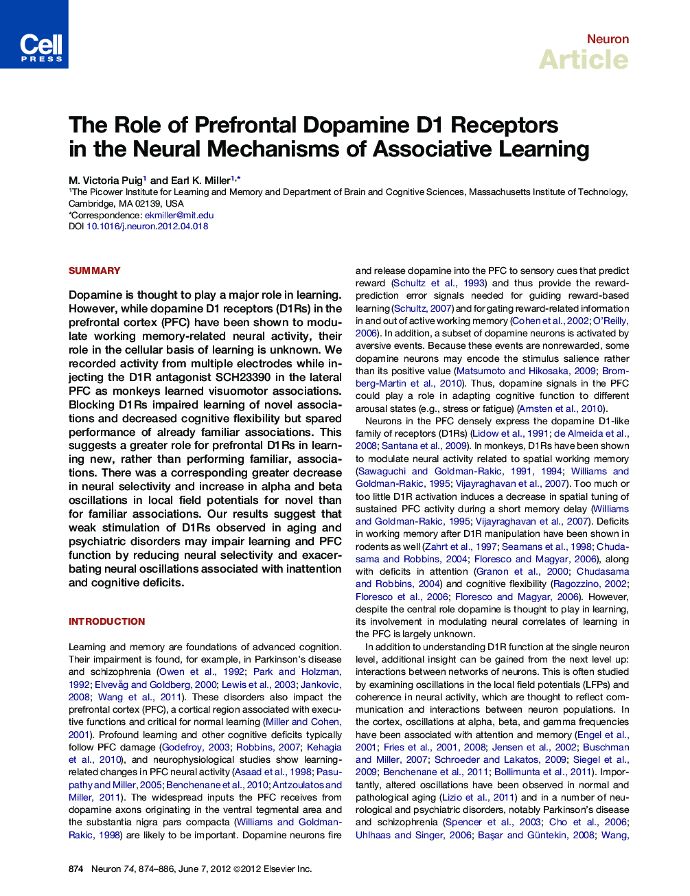 The Role of Prefrontal Dopamine D1 Receptors in the Neural Mechanisms of Associative Learning