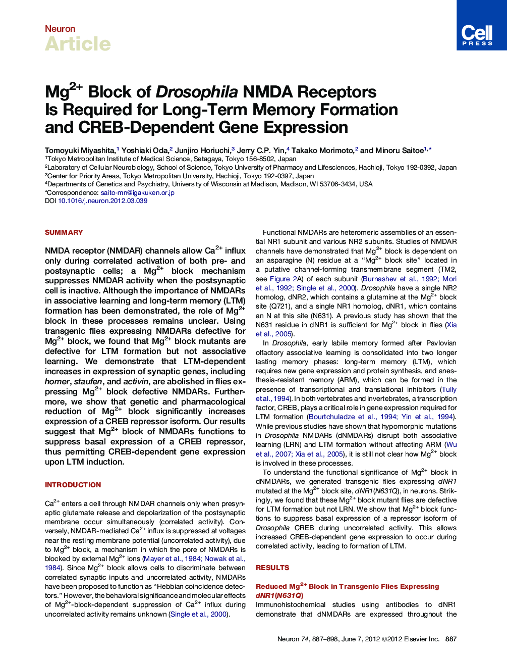 Mg2+ Block of Drosophila NMDA Receptors Is Required for Long-Term Memory Formation and CREB-Dependent Gene Expression