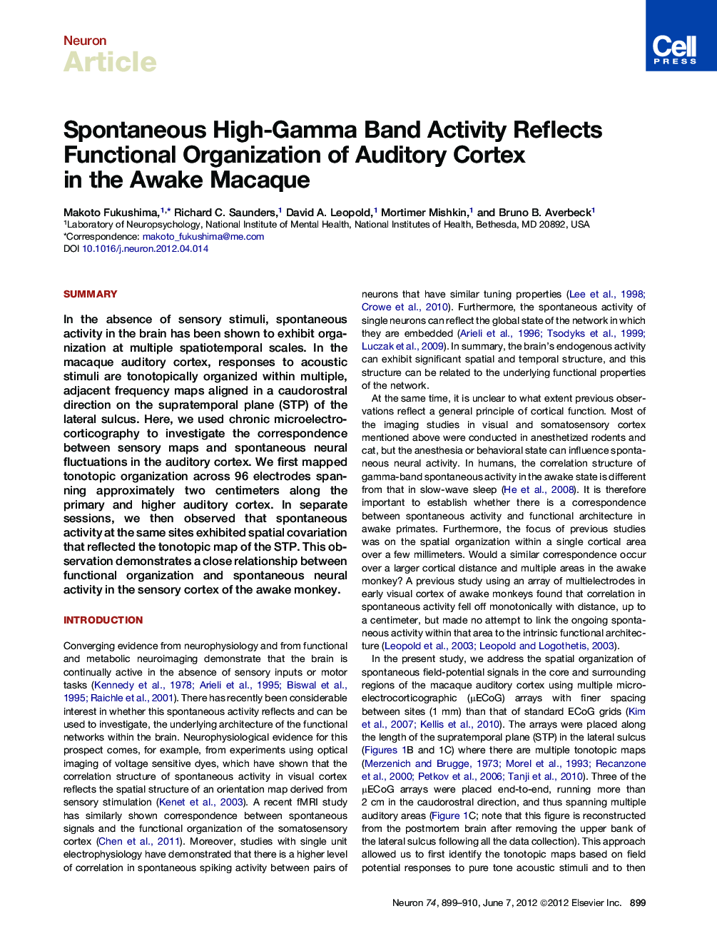 Spontaneous High-Gamma Band Activity Reflects Functional Organization of Auditory Cortex in the Awake Macaque