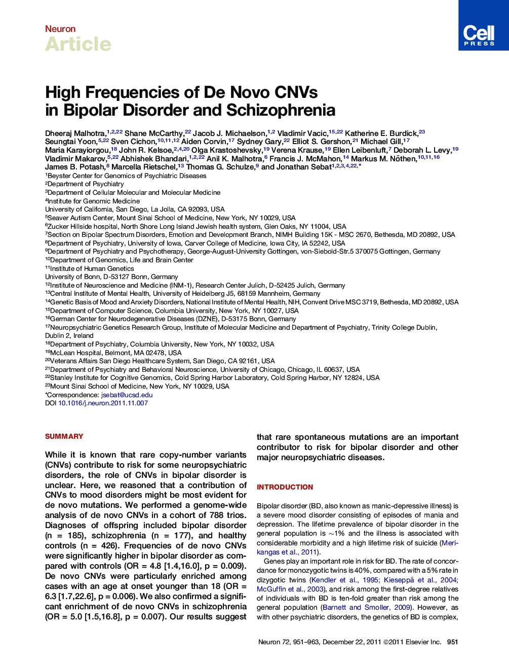 High Frequencies of De Novo CNVs in Bipolar Disorder and Schizophrenia