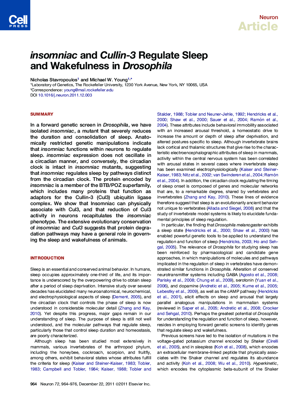 عکس صفحه اول مقاله: insomniac and Cullin-3 Regulate Sleep and Wakefulness in Drosophila insomniac and Cullin-3 Regulate Sleep and Wakefulness in Drosophila