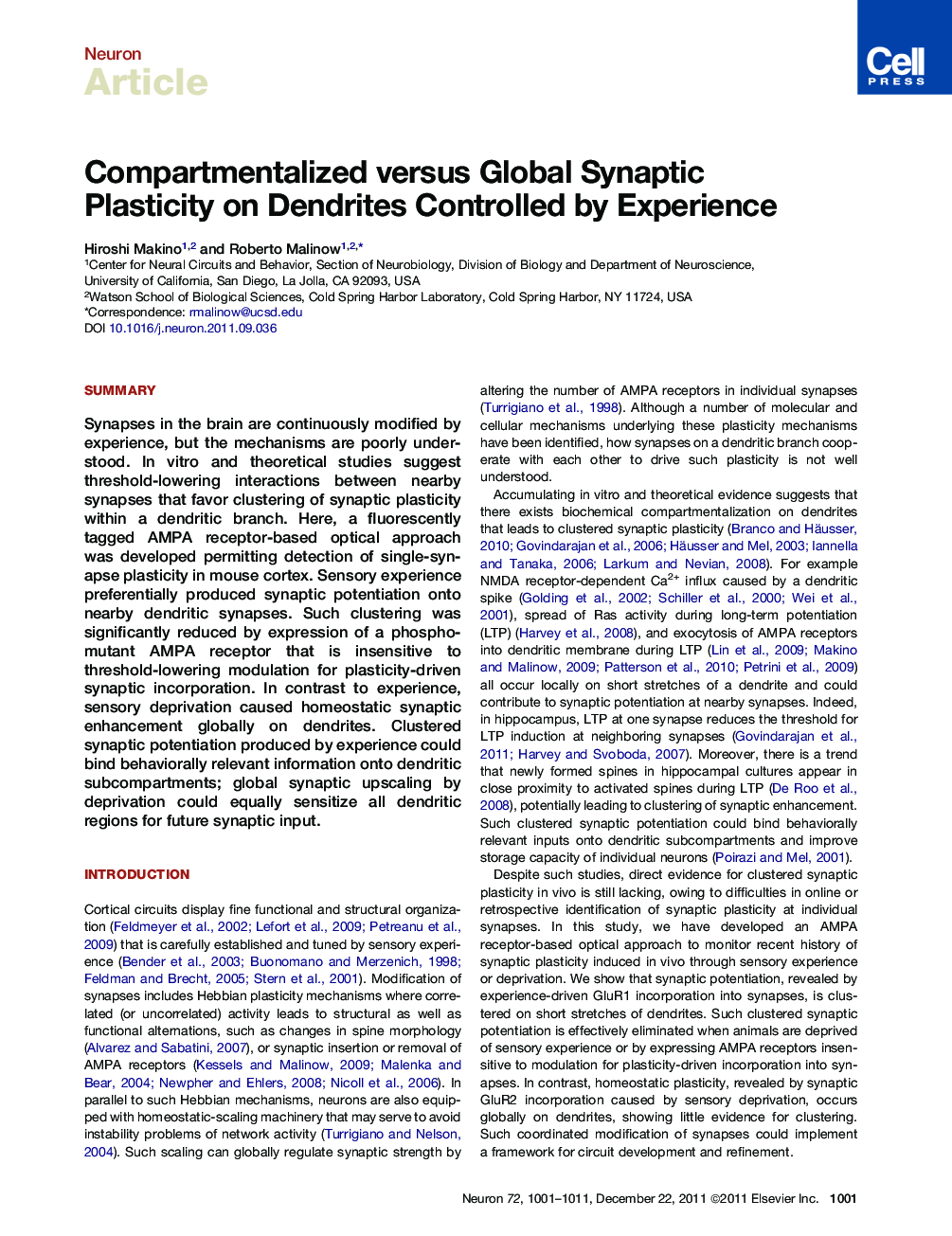 Compartmentalized versus Global Synaptic Plasticity on Dendrites Controlled by Experience