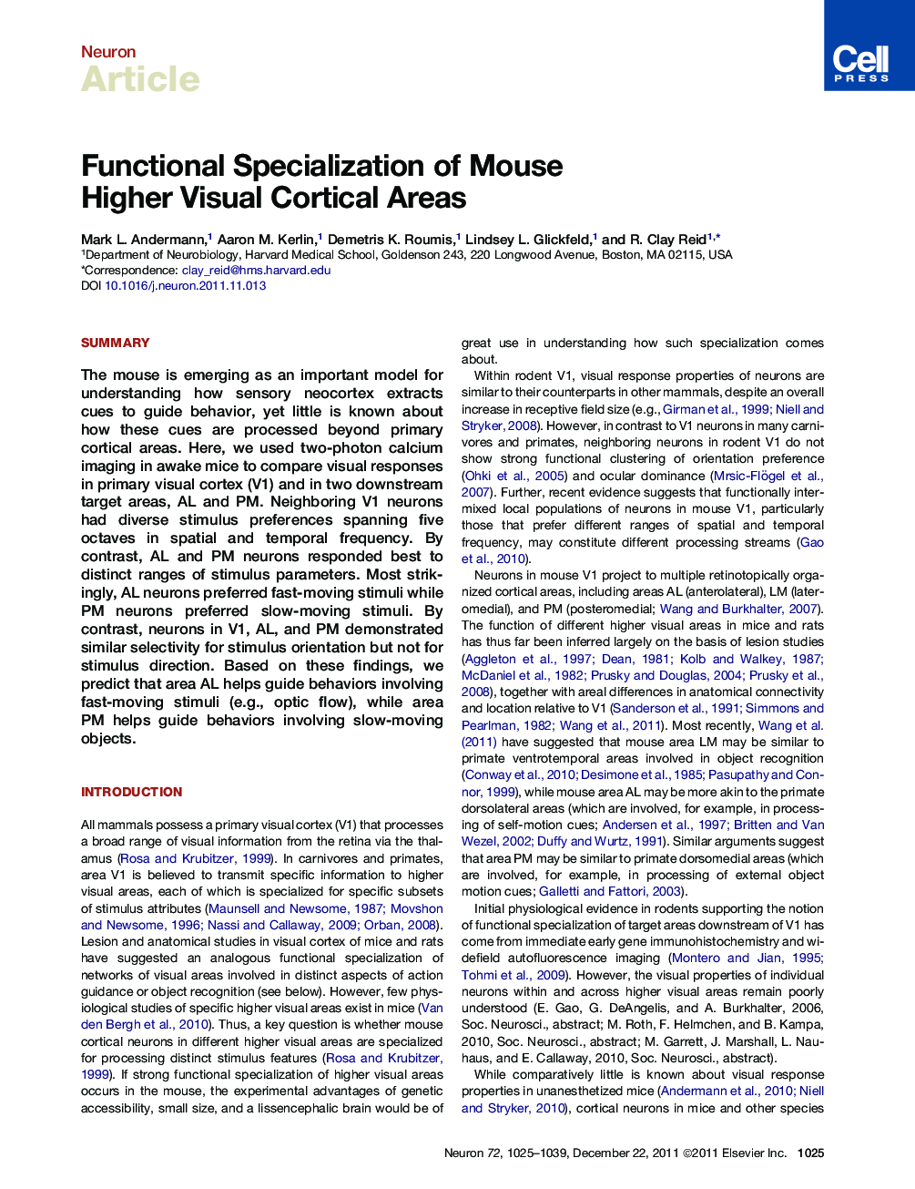 عکس صفحه اول مقاله: Functional Specialization of Mouse Higher Visual Cortical Areas Functional Specialization of Mouse Higher Visual Cortical Areas