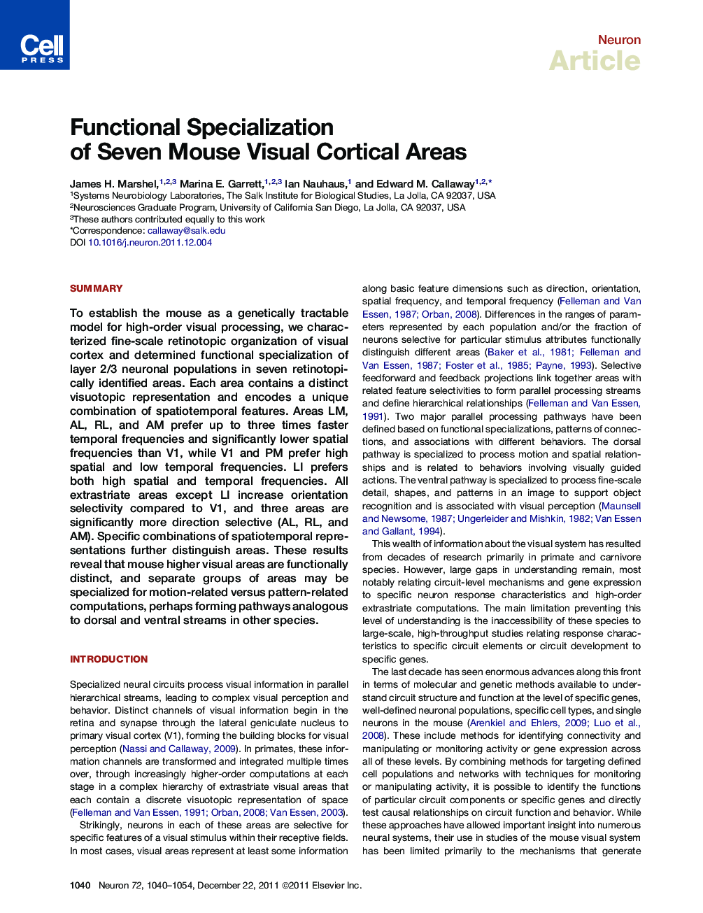 Functional Specialization of Seven Mouse Visual Cortical Areas