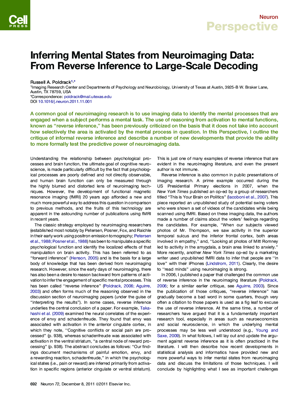 Inferring Mental States from Neuroimaging Data: From Reverse Inference to Large-Scale Decoding