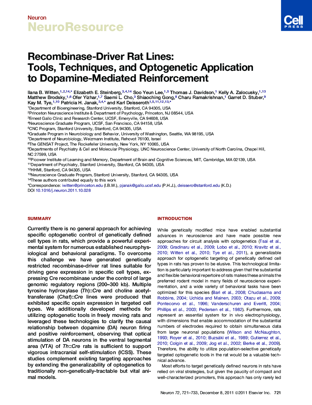 Recombinase-Driver Rat Lines: Tools, Techniques, and Optogenetic Application to Dopamine-Mediated Reinforcement