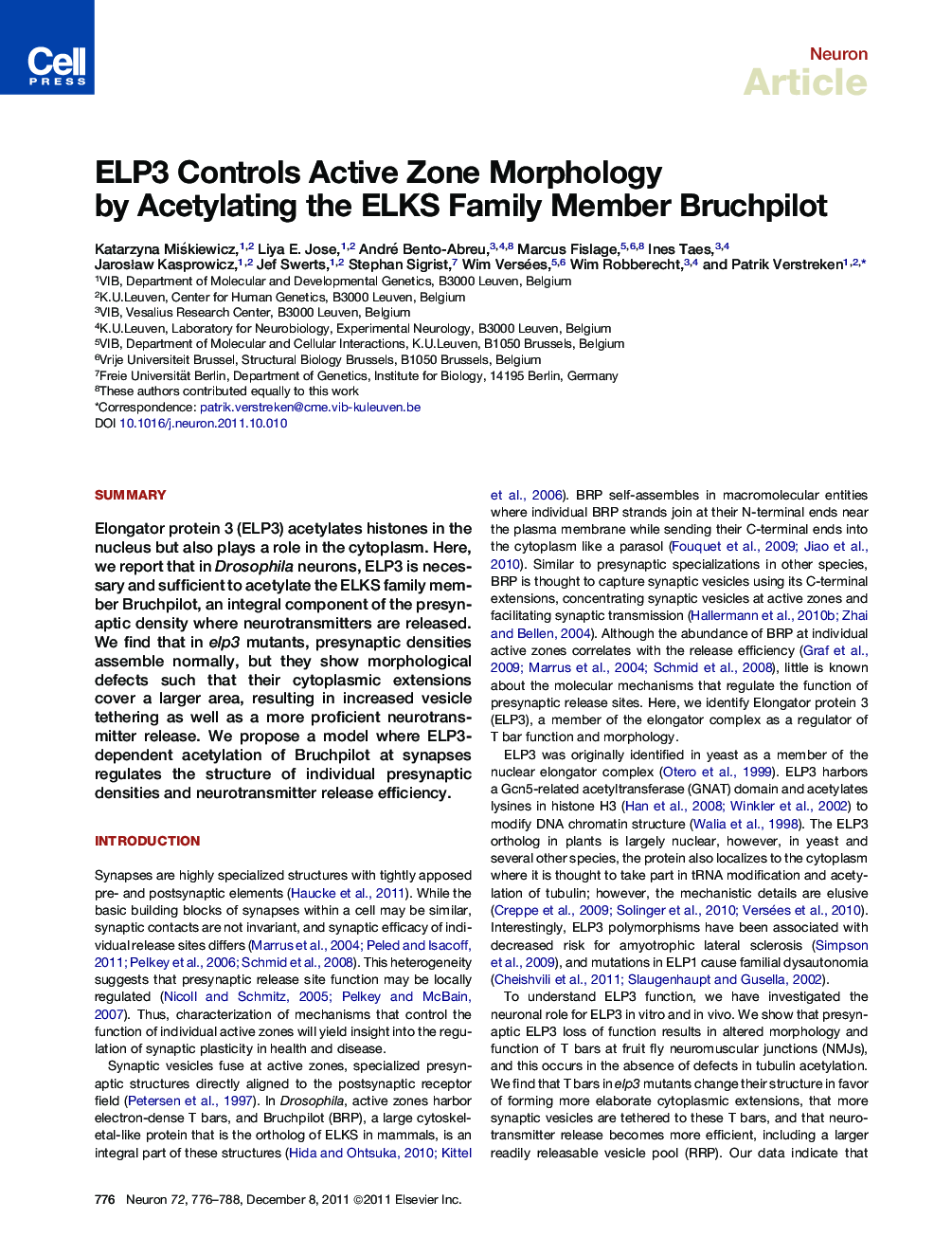ELP3 Controls Active Zone Morphology by Acetylating the ELKS Family Member Bruchpilot