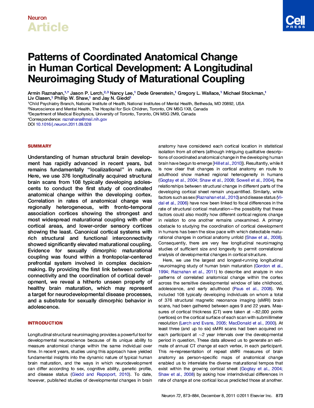 Patterns of Coordinated Anatomical Change in Human Cortical Development: A Longitudinal Neuroimaging Study of Maturational Coupling