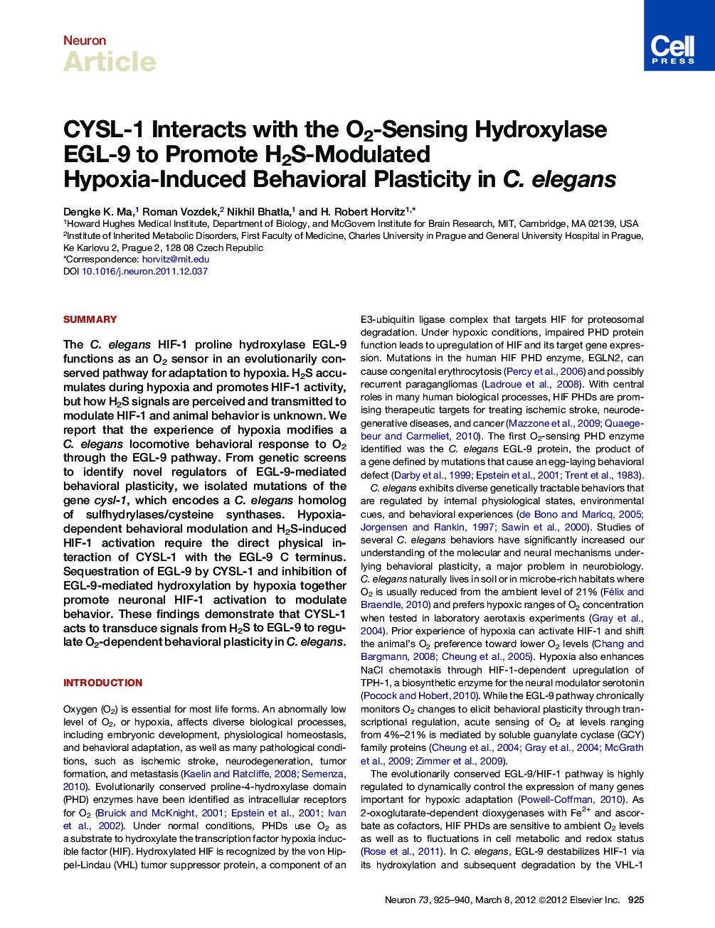 CYSL-1 Interacts with the O2-Sensing Hydroxylase EGL-9 to Promote H2S-Modulated Hypoxia-Induced Behavioral Plasticity in C. elegans