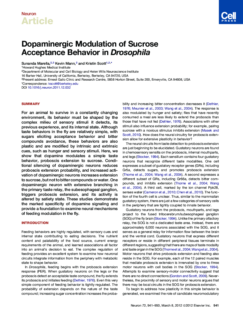 Dopaminergic Modulation of Sucrose Acceptance Behavior in Drosophila