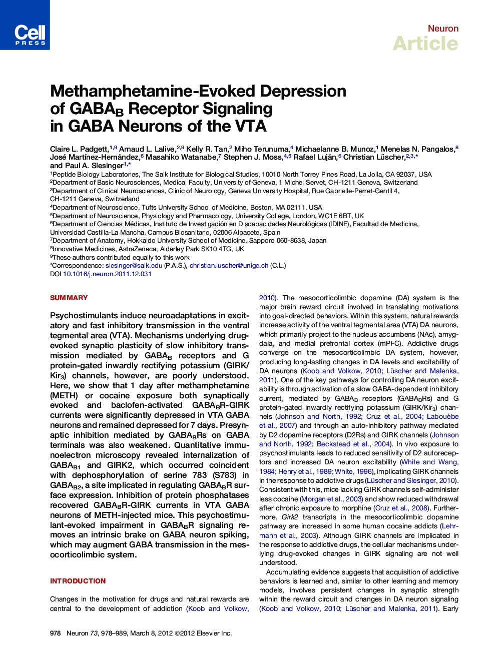 Methamphetamine-Evoked Depression of GABAB Receptor Signaling in GABA Neurons of the VTA