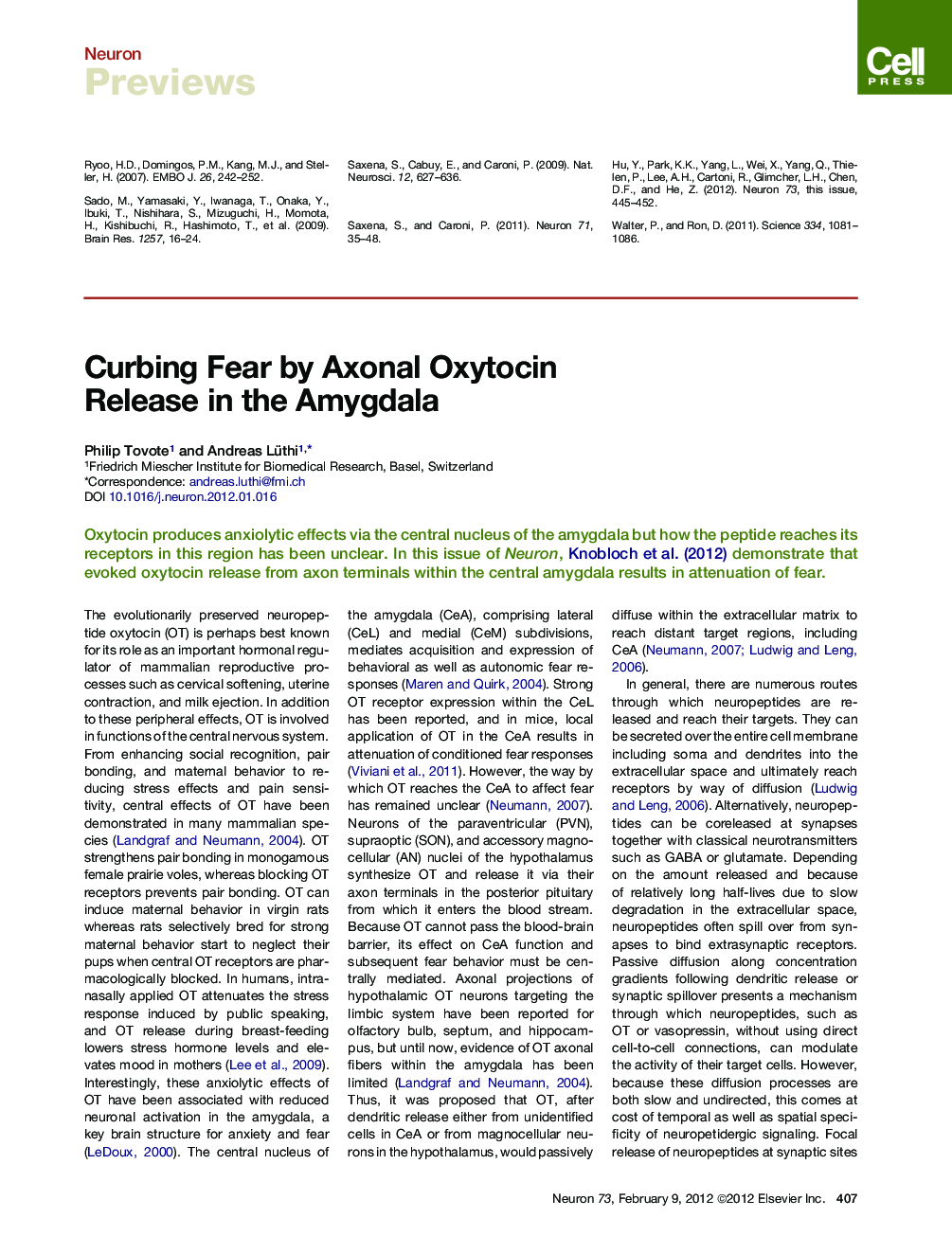 Curbing Fear by Axonal Oxytocin Release in the Amygdala