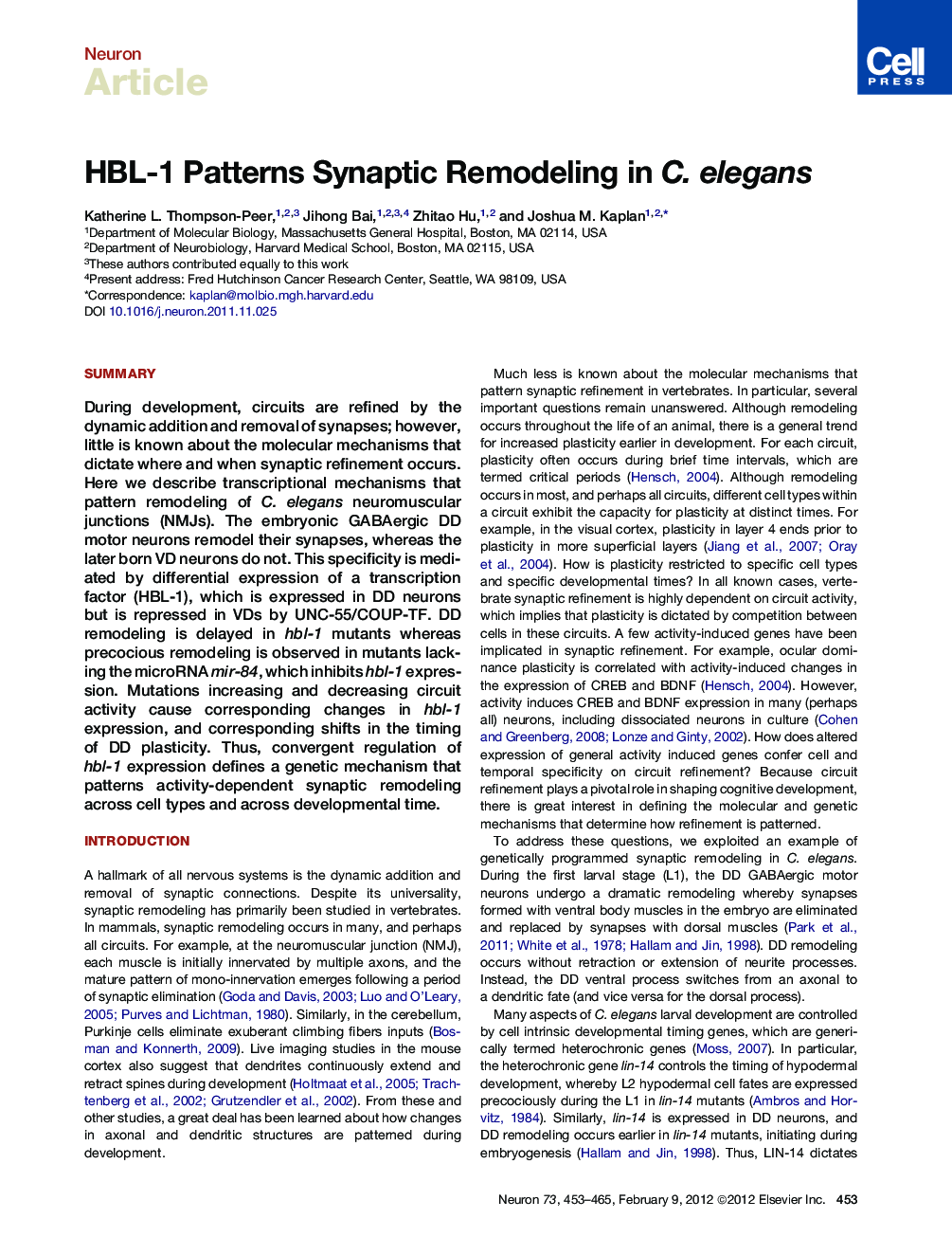 HBL-1 Patterns Synaptic Remodeling in C. elegans