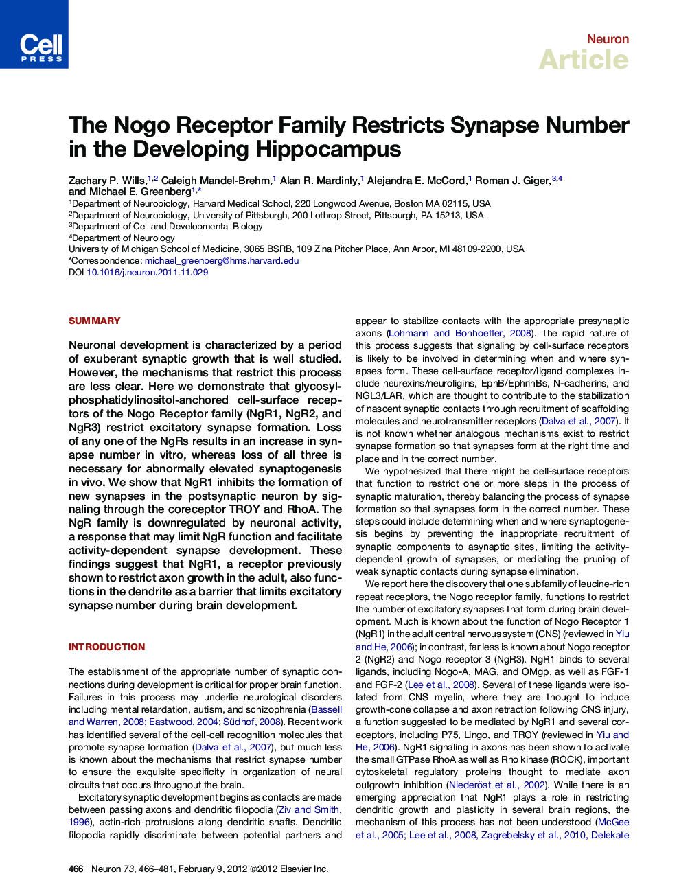 The Nogo Receptor Family Restricts Synapse Number in the Developing Hippocampus