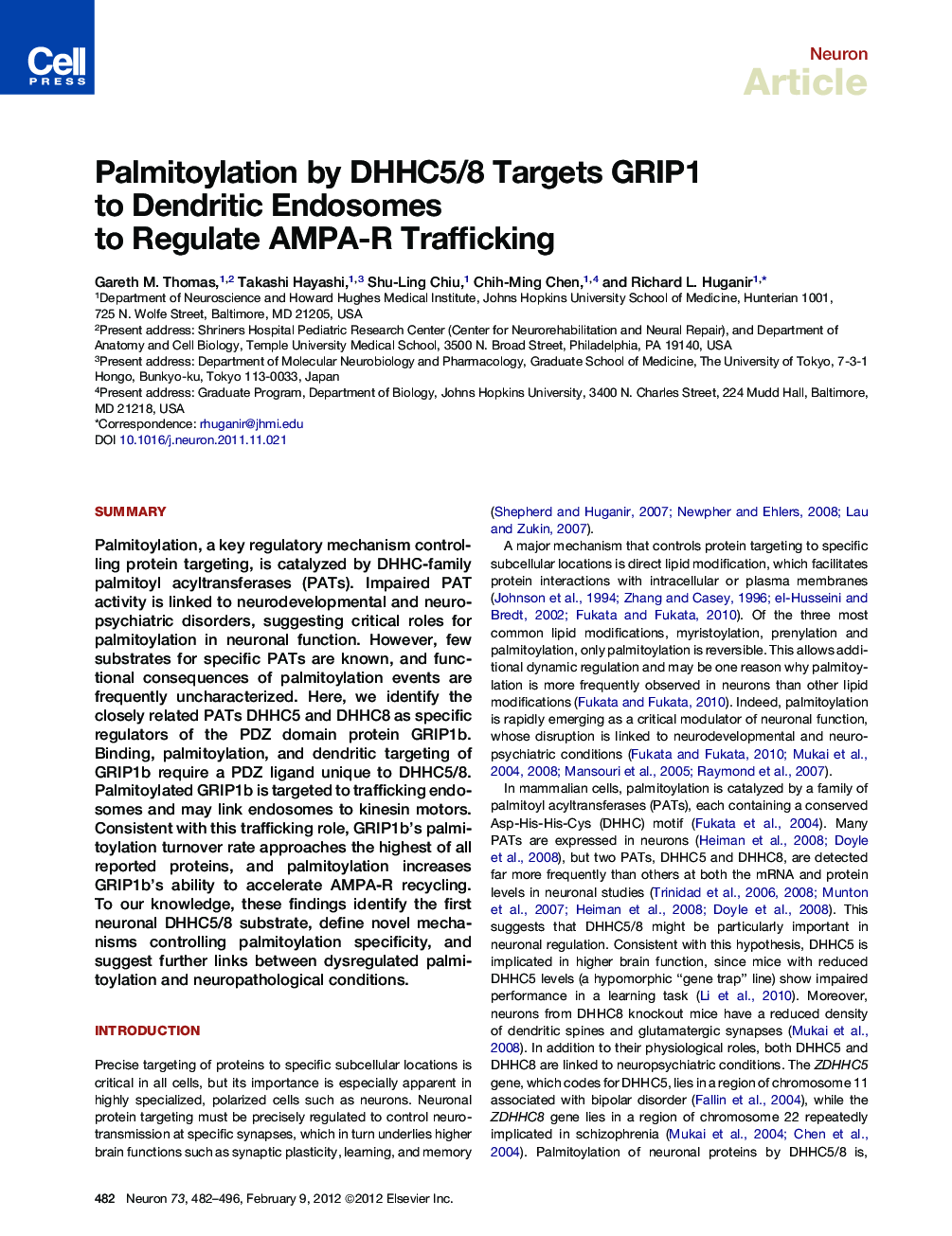 Palmitoylation by DHHC5/8 Targets GRIP1 to Dendritic Endosomes to Regulate AMPA-R Trafficking