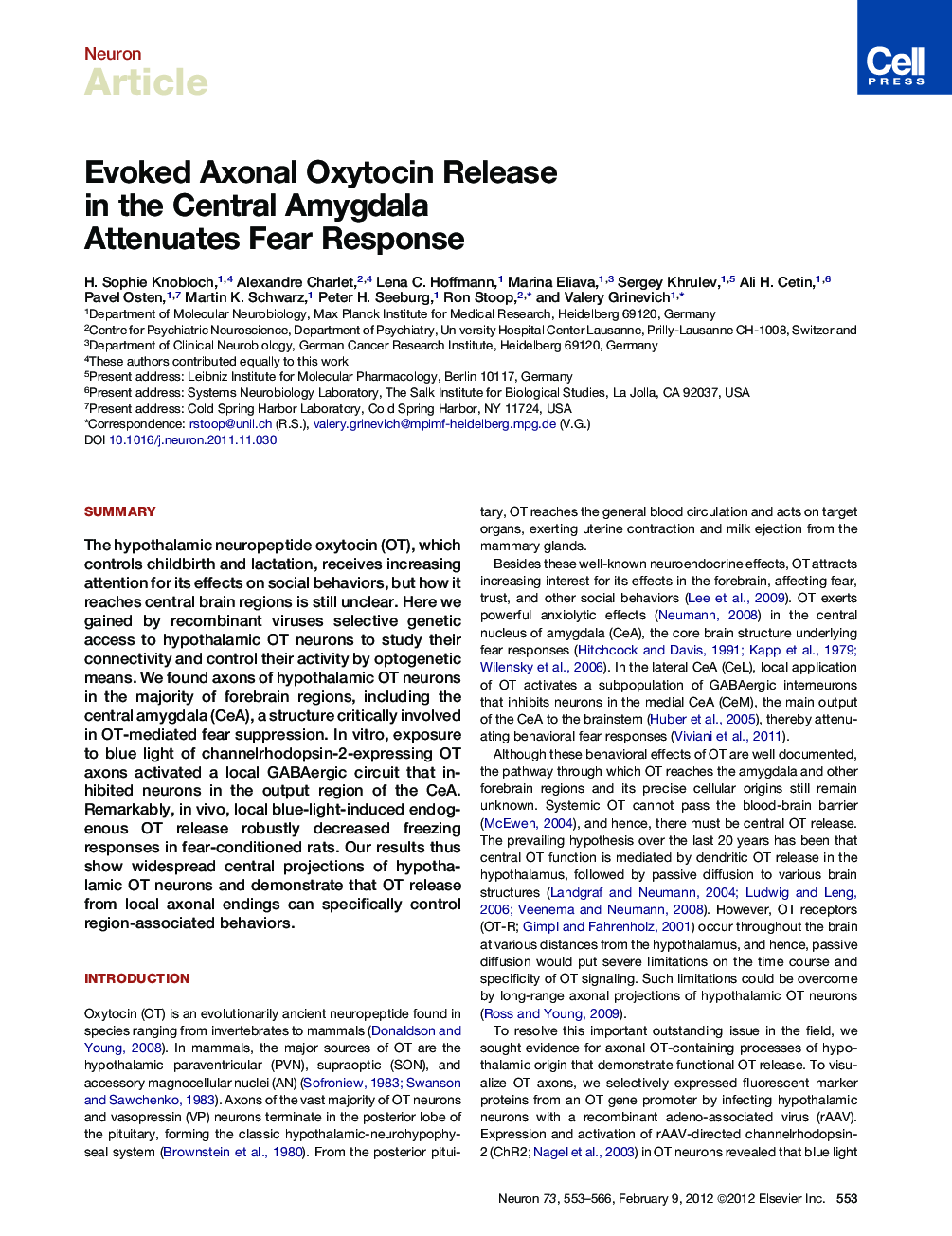 Evoked Axonal Oxytocin Release in the Central Amygdala Attenuates Fear Response