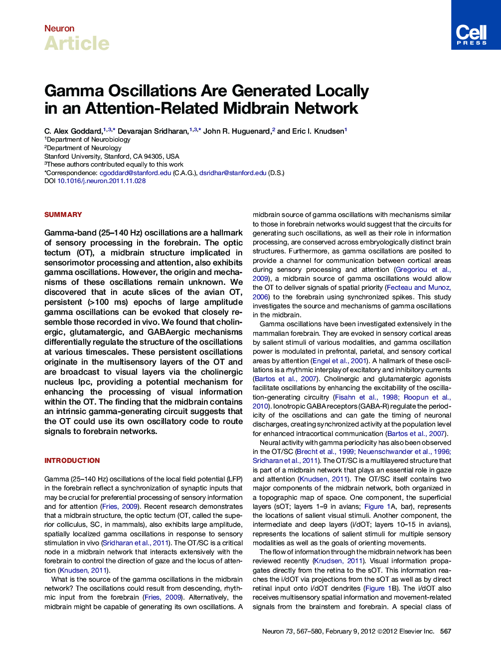 Gamma Oscillations Are Generated Locally in an Attention-Related Midbrain Network