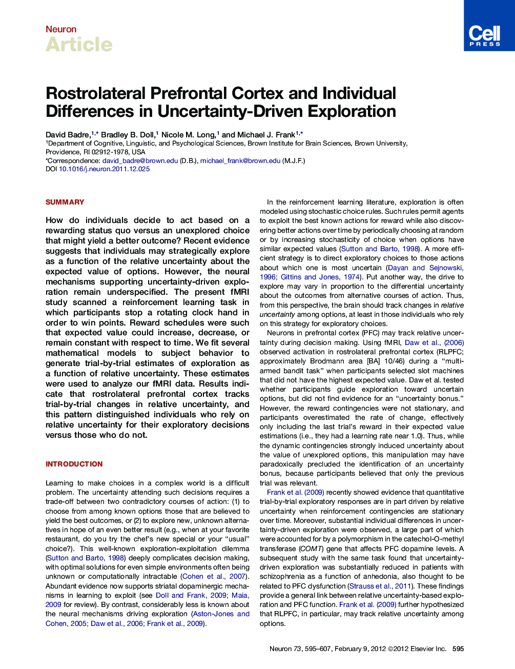 Rostrolateral Prefrontal Cortex and Individual Differences in Uncertainty-Driven Exploration