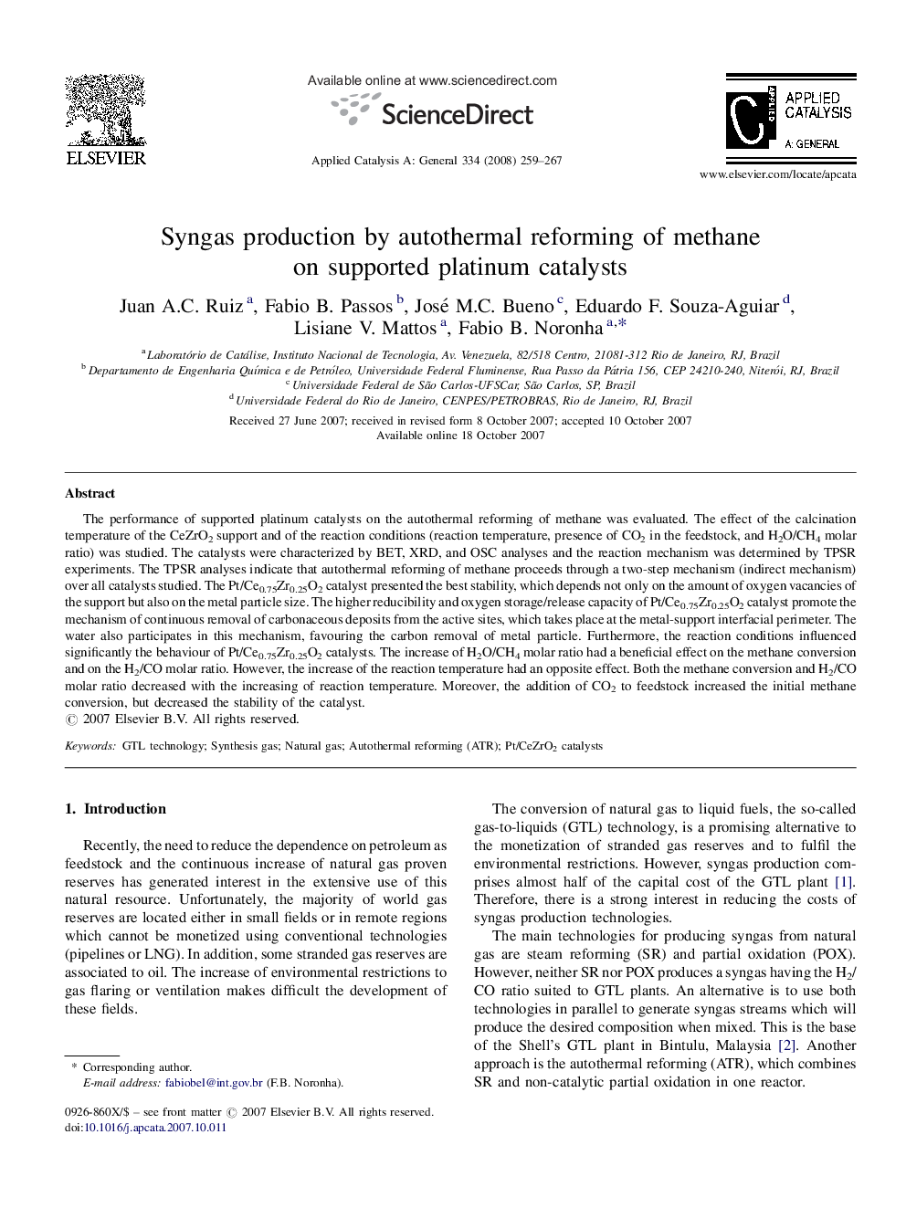 Syngas production by autothermal reforming of methane on supported platinum catalysts