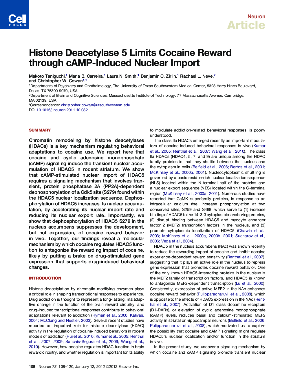 Histone Deacetylase 5 Limits Cocaine Reward through cAMP-Induced Nuclear Import
